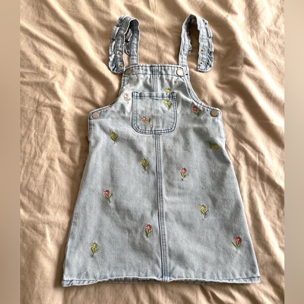 Kids Denim Overall Dress with Floral Embroidery